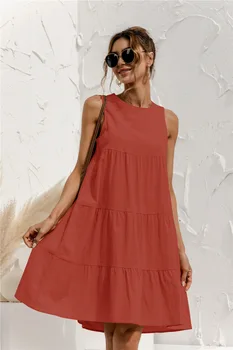 2021 Summer Women Vest Dress Cotton O Neck Sleeveless Solid Midi Dress Stitching Large Swing