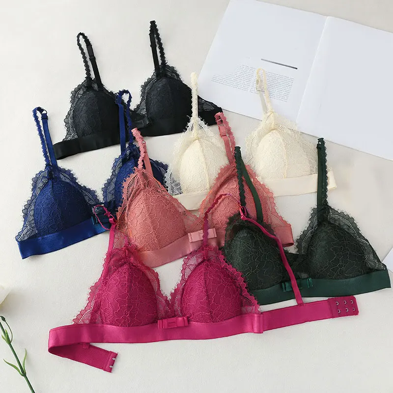 

Seamless Underwear Deep V Girls Thin French Style Bralette Lace Wireless Triangle Cup Women Lingerie Soft Bra