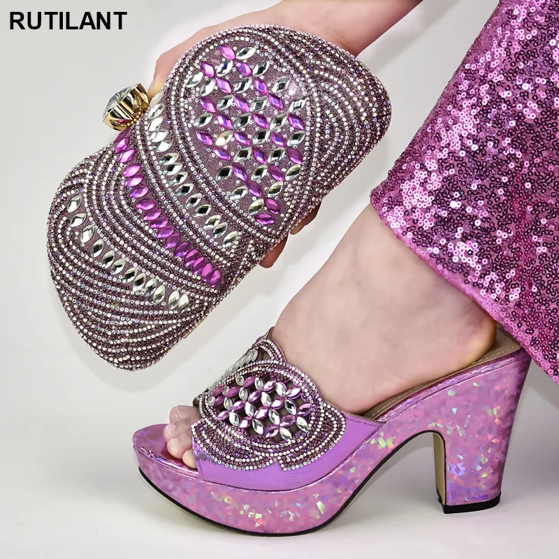

Latest Design African Wedding Shoes and Bag Set Decorated with Rhinestone Fashion Party Pumps Italian Shoes with Matching Bags