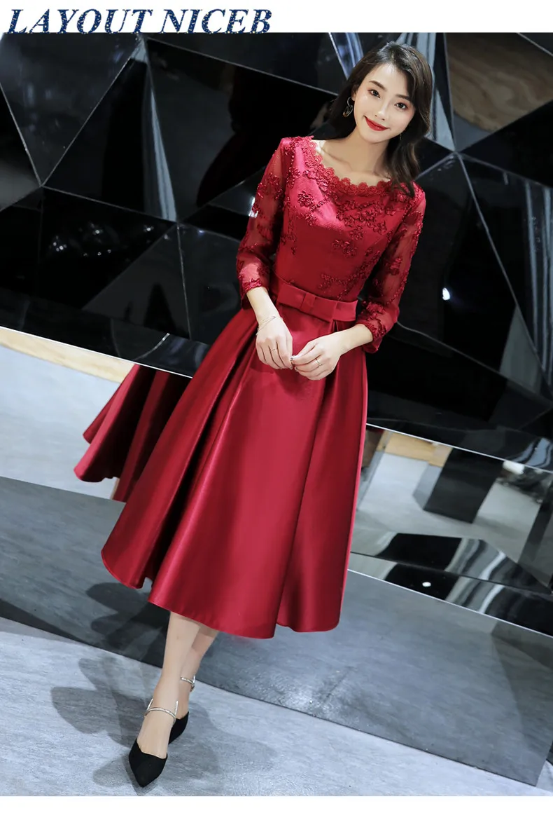 

Tea Length Satin Evening Dress Three Quarter Sleeve Lace robe de soiree Women Formal Party Dress Formal Dress abendkleider