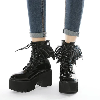 baratas Tikicup Patente Feminina Chunky Calcanhar Tornozelo Plataforma Botas Alternativa Selvagem Botas Da Motocicleta Rendas Até Legal Todos Os Sapatos Góticos Pretos
