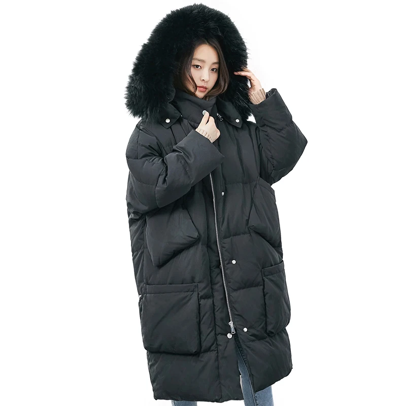 Goedkoop Winter Jas Vrouwen Witte Eend Donsjack Grote Wasbeer Bontkraag Uitloper Winddicht Losse Jas Dikke Warme Down Lange Parka