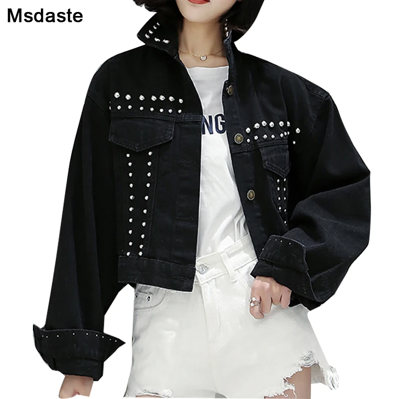 Куртка из денима джинсы пальто женские осенние винтажные заклепки черные Jaqueta Feminina Casacas повседневные женские короткие бомбер джинсовая куртка
