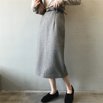

High waist wool Warm Long Skirts Women Winter Spring Vintage Wrap Skirt Lady Plain Bottom