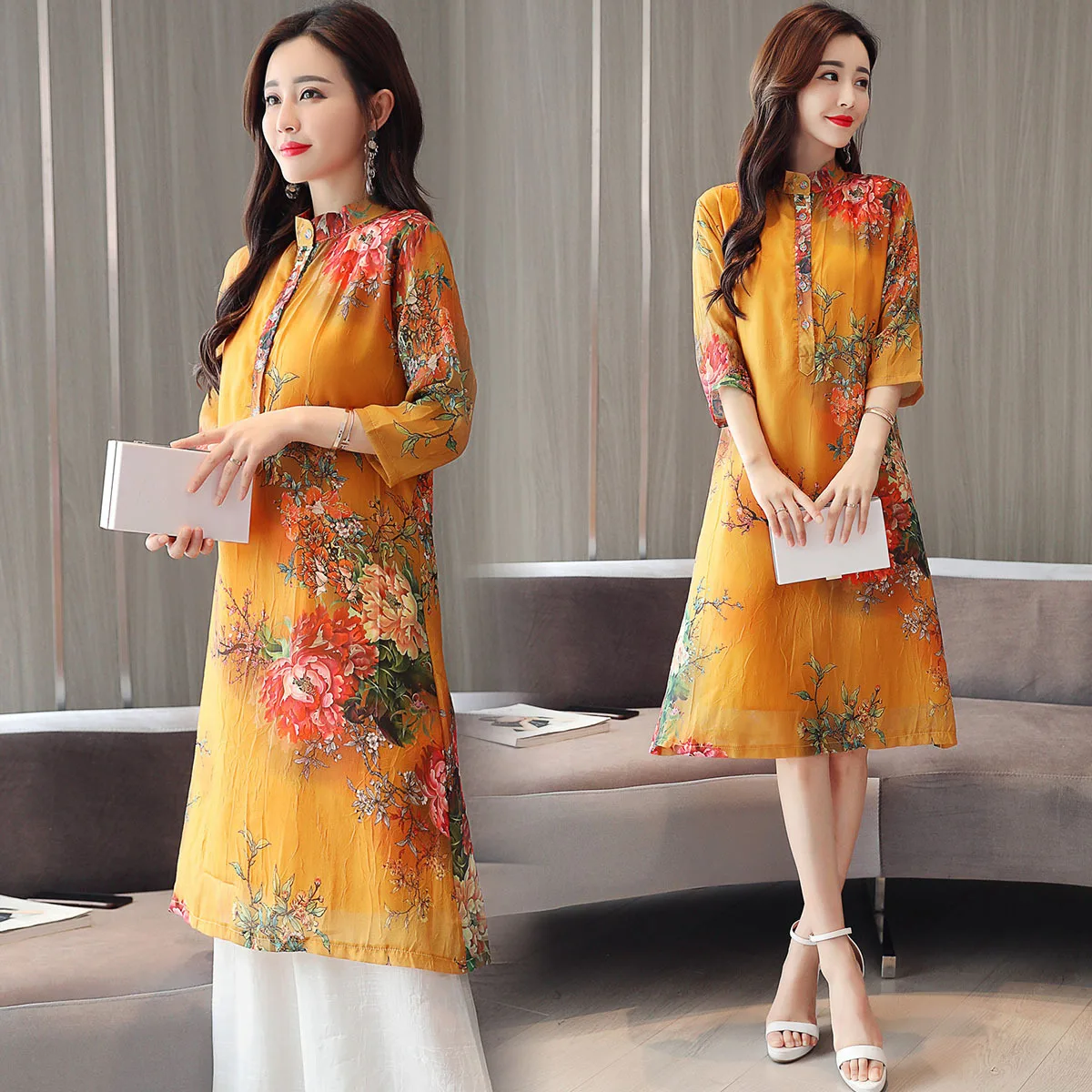 Китайский стиль, улучшенный чонсам, Женский Летний Стиль, этнический стиль, средней длины, с принтом, Капри, свободные штаны, платье, комплект из двух предметов