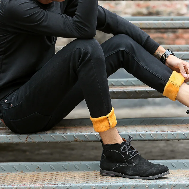 Winter Fleece New Men Casual Jeans Black Classic Fashion Designer Skinny Jeans Men's High Quality Thick Slim Fit Denim Trousers