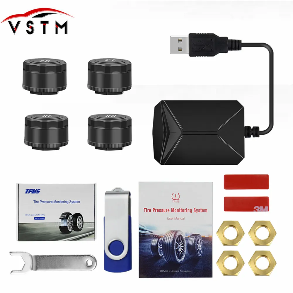 Auto Universal TPMS Car Tire Pressure Monitoring System TPMS LCD Display with 4 EXternal Sensors USB Charge