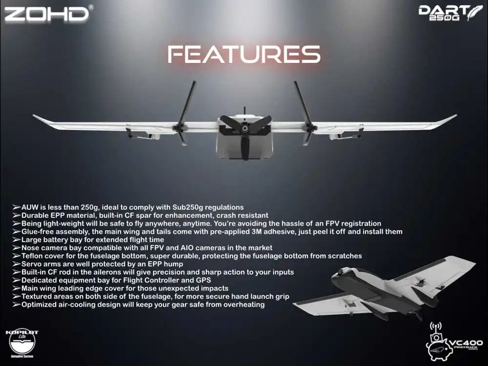ZOHD Dart250G 570mm размах крыльев Sub-250 грамм развертки переднего крыла AIO EPP FPV RC самолет PNP W/с видом от первого лица готовый вариант