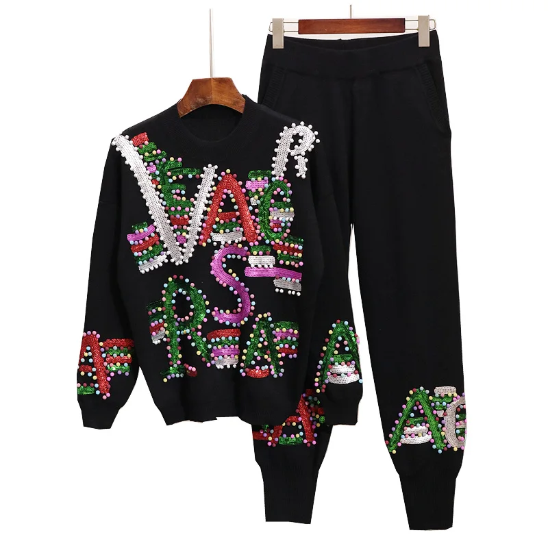 

Women Winter two piece suit Handmade Beaded Letter Sequined Knitted 2-piece Sets Knitting Tops Trousers Clothing Sets