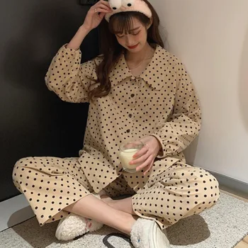 

Autumn New Korean Sweet Cute Sleepwear Polka Dot Cotton Printed Long-sleeved V-neck Fashion Casual Home Service Pajamas Suit