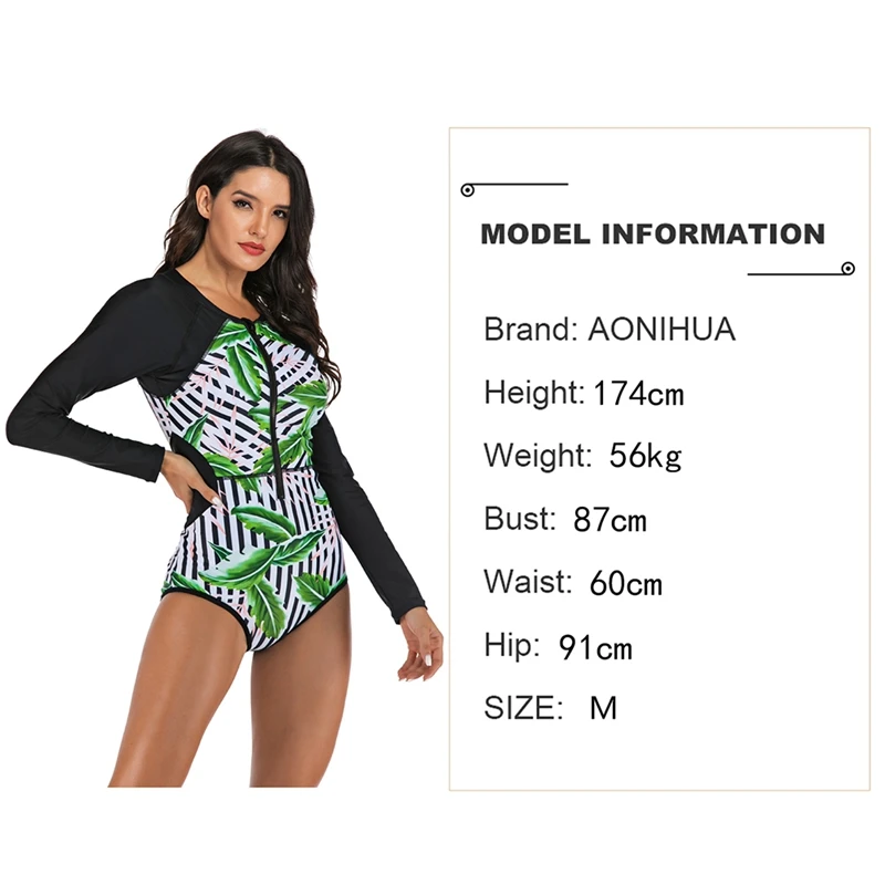 New Swimsuit Women Rashguard Long Sleeve One Piece Swimwear UPF50+ Patchwork Green Color Front Zipper Surf Rash Guard