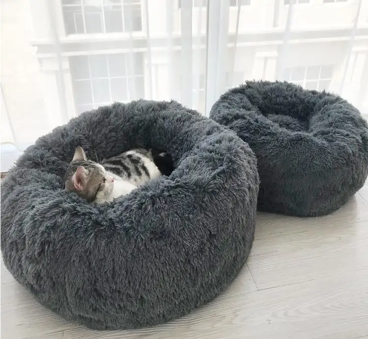 Зимний теплый длинный плюшевый супер мягкий собачий Кот круглая кровать питомник круглая собака глубокая спальная кровать для маленьких собак кошек