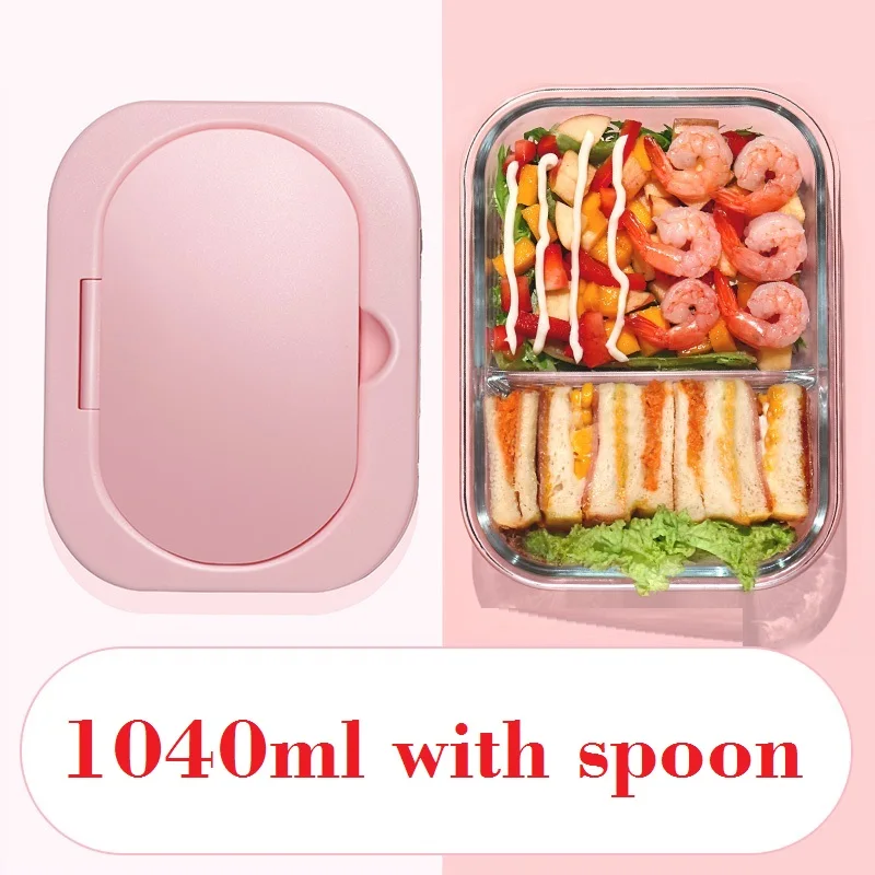 Microwavable стеклянный Ланч-бокс с разделителем, крышкой, сумкой; приготовление еды стеклянные контейнеры для хранения продуктов с 2 отсеками; ланч-контейнер - Цвет: 1040ml with spoon