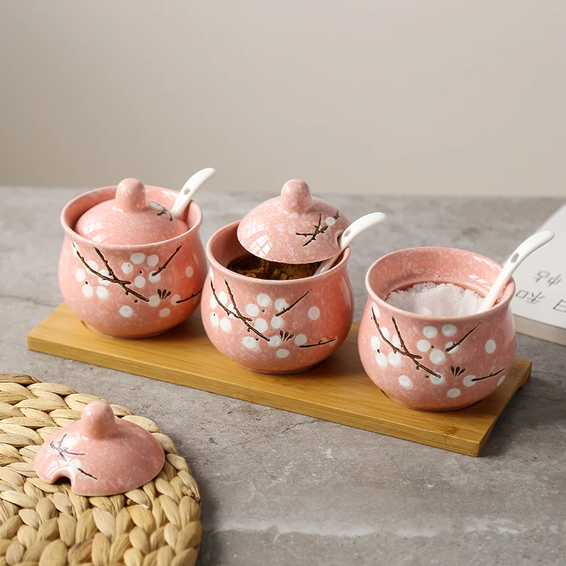 

Комплект из 3 предметов, в японском стиле, Набор банок для приправ с деревянный поднос Керамика хранения бутылки вина комплект с поддон масло соль горшок приправ комбо S