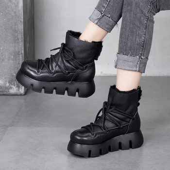 

Cowhide Women Boots 2020 New Winter Fur Boot Genuine Leather Ladies Ankle Booties Platform Plus Cotton Women's Shoes Martin Shoe