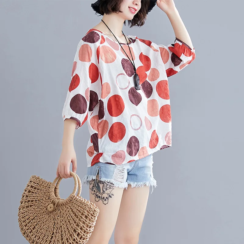  2019 Summer New Style Artistic Loose And Plus-sized Cotton Silk Three-quarter-length Sleeve Printed