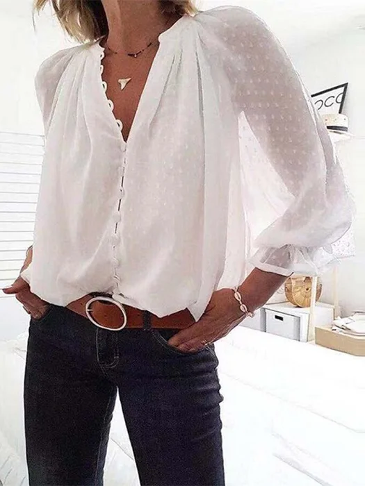 Осенняя женская элегантная повседневная рубашка с v-образным вырезом и вышивкой, Женская стильная Базовая рубашка для отдыха, блузки с длинными рукавами и пуговицами в горошек - Цвет: Белый