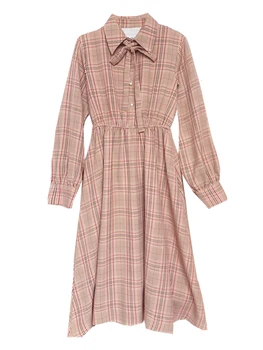 

2020 New French Long Sleeve Plaid Autumn Women's elegant Dress vintage ladies dresses