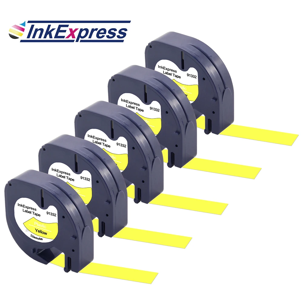 

InkExpress 5PCS 91332 91222 91202 Label Tape 12mm Black on Yellow Tape Compatible for Dymo LetraTag Label Maker LT-100H LT-100T
