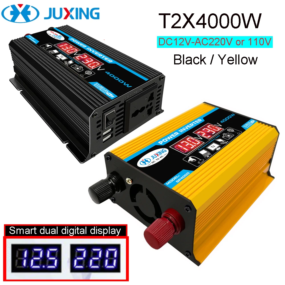 

JUXING 4000W Power Converter Inverter With 2 Display Voltage Transformer DC 12V to AC 110V/220V Dual USB Use for Car, Outdoor