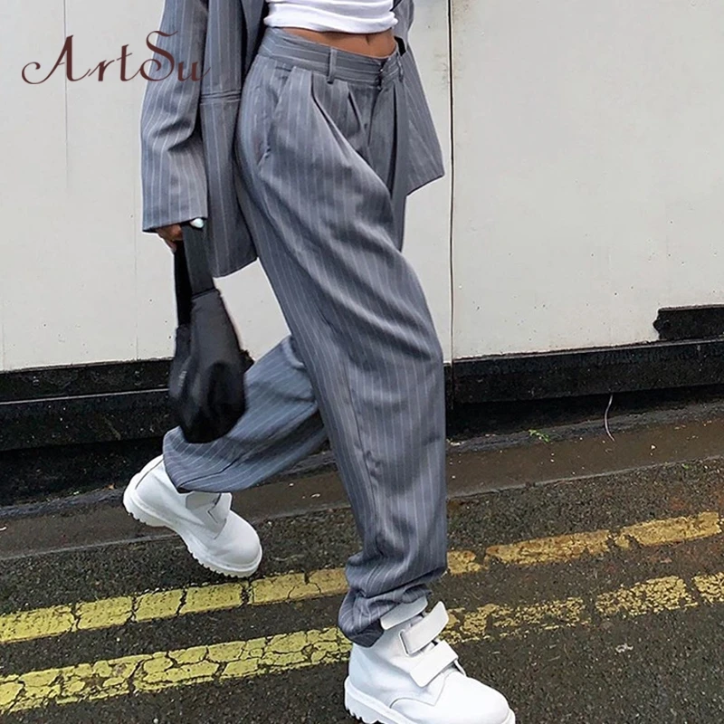 Artsu 2020 Fashion Gray Striped Suit Pants Streetwear Women Clothes High Waist Loose Wide Leg Pants Casual Trousers ASPA60398 Artsu 2020 Fashion Gray Striped Suit Pants Streetwear Women Clothes High Waist Loose Wide Leg Pants Casual Trousers ASPA60398
