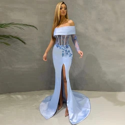 Light Blue Mermaid Off Shoulder Prom Gown For Woman Slit Satin With Applique Illusion Long Sleeves Plus Size Robe De Soriee 2021