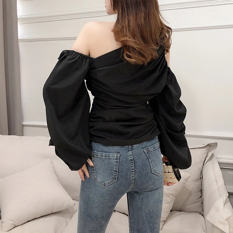 Neploe, асимметричный воротник без бретелек, Blusas, топ, Осень-зима, Корейская нижняя рубашка, фонарь, длинный рукав, одноцветные, тонкие блузки 55958