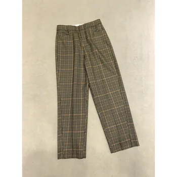 

Women's Plaid Long Pants High Waist Straight Zipper Trousers with Pockets