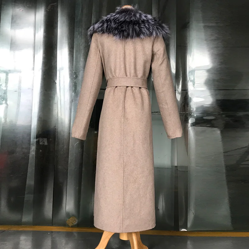 Настоящее женское меховое пальто, 120 см воротник из лисьего меха, Длинная зимняя куртка, Корейская одежда, шерстяные меховые пальто и куртки