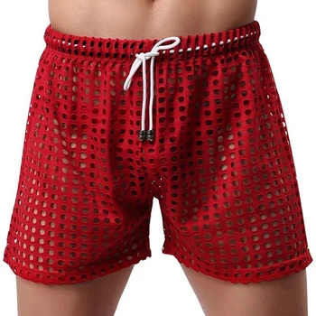 

Mens Sleepwear Shorts Big Mesh Honeycomb Net Men's Home Pajamas Shorts Sexy Nylon Sleep Bottom Mens Sheer Pajamas