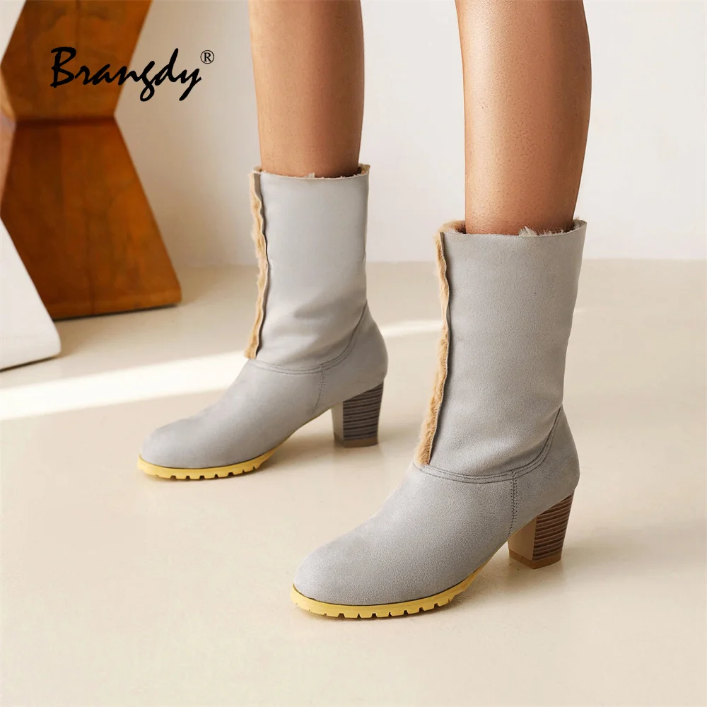 Brangdy Classical Women Ankle Boots Suede Women Shoes Lamb Wool Pointed Toe Women Winter Boots Fur Square Heels Fold Two Ways