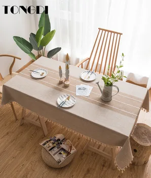 

TONGDI Table Cloth Mediterranean Linen Stripe Lace Embroidery Durable Environment Decoration For Home Living Dining Room Kitchen