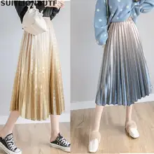 Autumn Winter Pleated Skirt Womens Vintage High Waist Gradient Skirt High Street Faldas Mujer Velvet Metallic Long Skirt Female