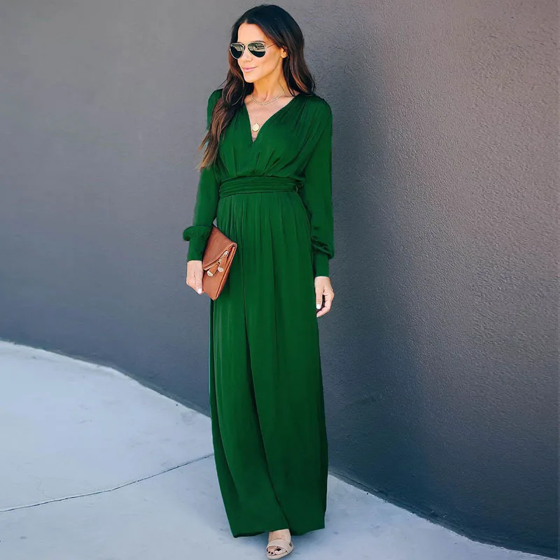 

Europe And America Dress WOMEN'S Dress New Style 2019 Hot Selling Deep-V Long Sleeve Big Hemline Dress