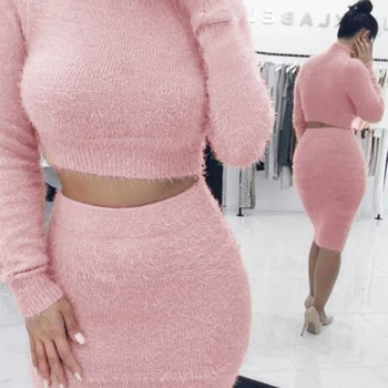 

Autumn Winter Warm 2 Pieces Set Skinny Sweater Suit Long Sleeve Turtleneck Crop Tops Tight Knee Length Pencil Skirts 5 Colors