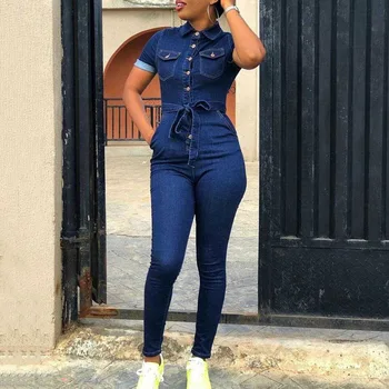 

Vintacy Casual Denim Jumpsuit Women Summer Short Sleeve Blue Jeans Vintage Romper Slim Overall Lace Up Fashion Office Jumpsuits