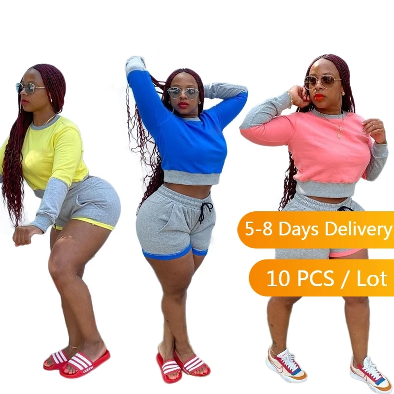 

Wholesale Clothes Autumn Tracksuit Women Sporty Color Patchwork Fashion Two Piece Set Long Sleeve Sweatshirts and Shorts Set