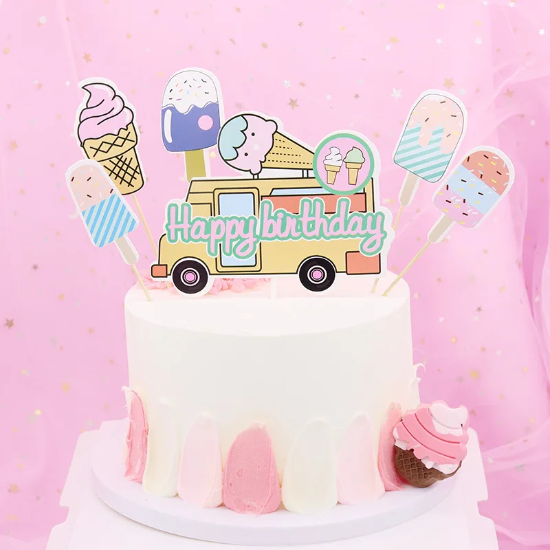 Summer Ice Cream Truck Happy Birthday Cake Topper Set Decorazioni Per Feste Di Compleanno Per Bambini Candy Bar Decor