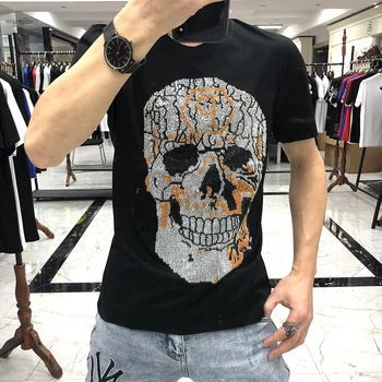 

2020 European station thin section short-sleeved T-shirt mercerized cotton men's skull rhinestone round neck trend Highstreet