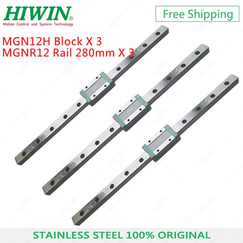 

Free Shipping HIWIN Stainless Steel set of 3 pcs MGN12 280mm linear guide rail with MGN12H slide blocks Carriages for 3D Printer