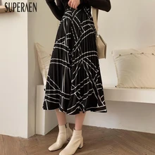 SuperAen, новинка весны и осени, юбки для женщин, дикие, повседневные, модные, дамские юбки, с принтом, гофрированные шифоновые юбки для женщин