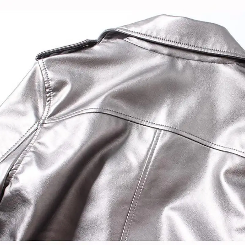 shusuen Fashion Womens Short Parka Silver Coat Leather Biker Motorcycle Zipper Silver Jacket Outerwear 