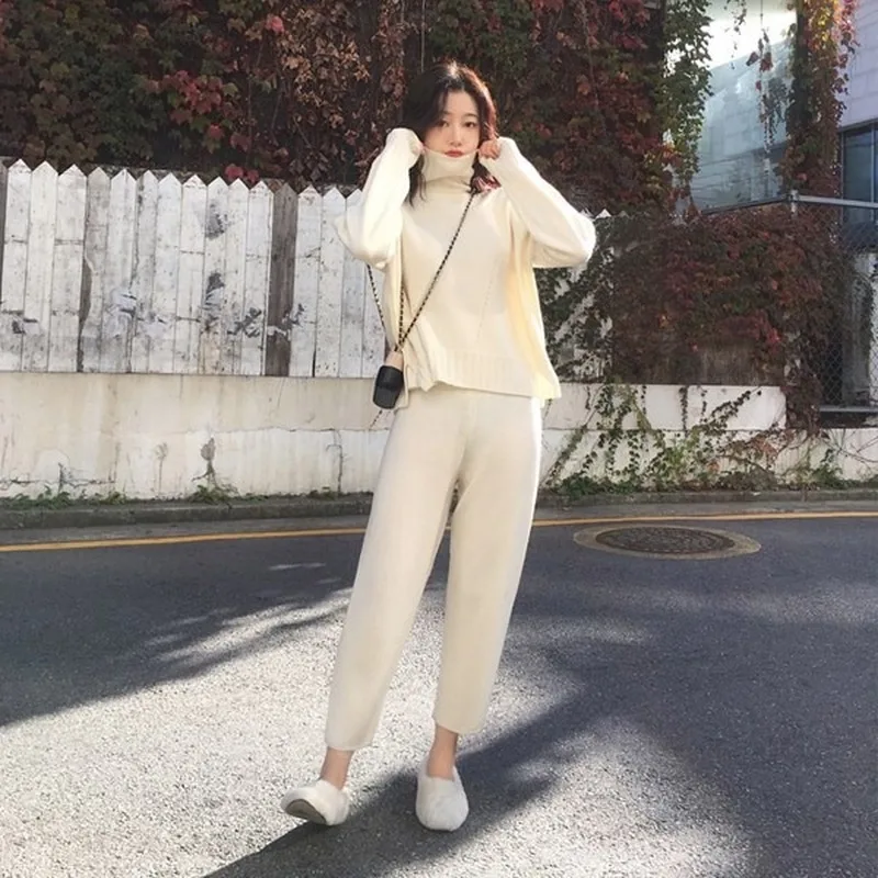 

2019 Women Knit Sweater Pants Set 2 Sets of Autumn and Winter New Warm Loose High Collar Casual Fashion Pullover and Pants Suit