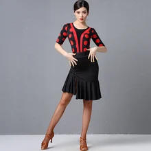 Юбка для латинских танцев Женская одежда для тренировок Женская Румба/Танго/Сальса платье для выступлений красный/белый горошек/леопардовые Топы DQL2144
