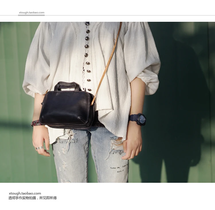 Retro genuine leather women handbag female small shoulder crossbody bag portable ladies vegetable tanned leather mini slung bags