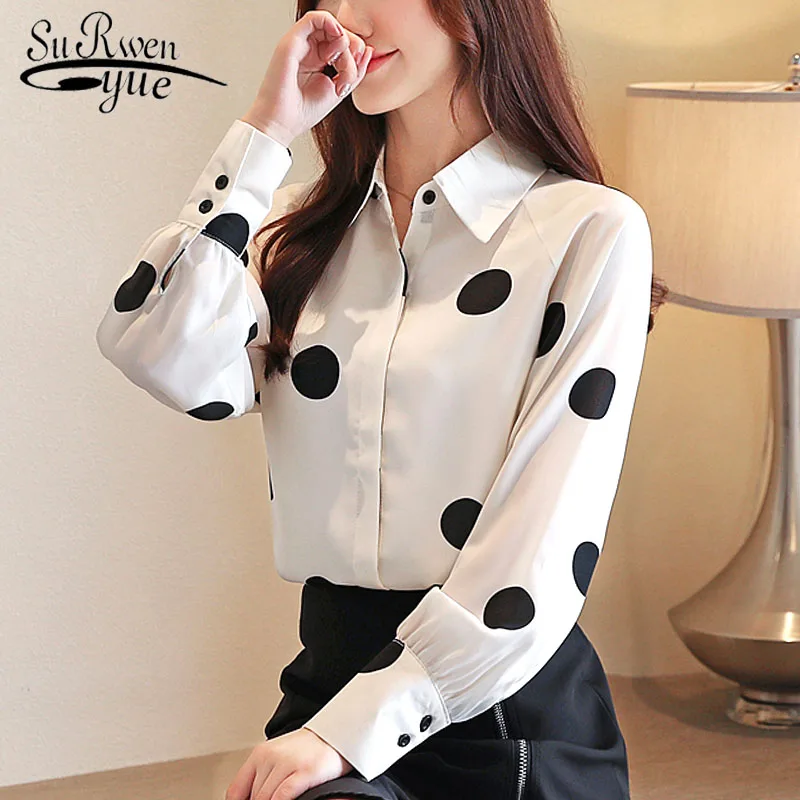 

Female for blouses 2019 ladies tops chiffon blouse shirts button womens tops and blouses blusas black Dot lantern Sleeve 5366 50