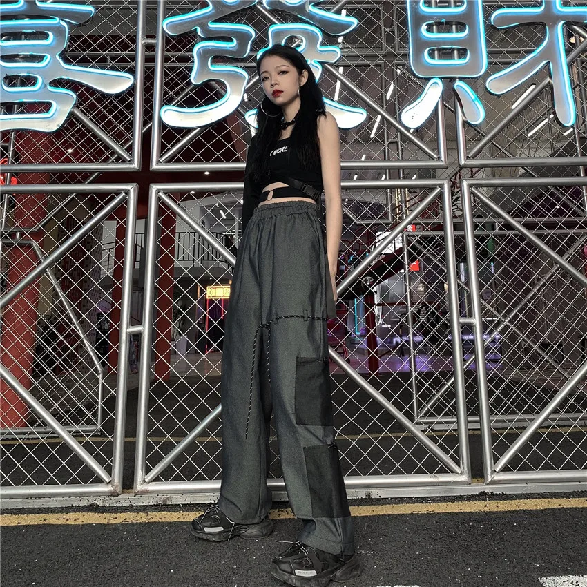 Корейский ulzzang ins Harajuku широкие брюки с карманами высокая эластичная талия Свободные Уличная Стиль Весна Осень новая женская одежда