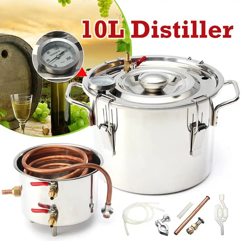 

10L Household Moonshine Distiller Boiler Cooler Stainless Steel Copper Ethanol Alcohol Water Wine Essential Oil Brewing