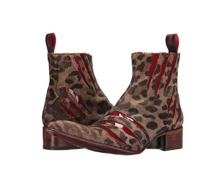 

Men's Brown Leather Red Wolf Claw Print Casual Chelsea Boots Zapatos De Hombre Botas Hombre Blancas D315