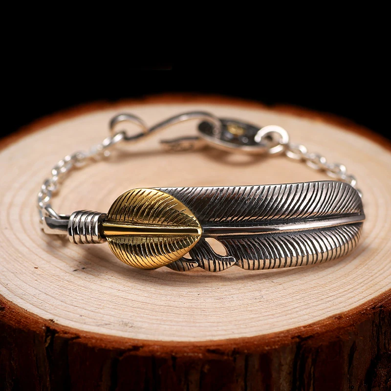 

Cigovo925 silver hand-made feather Bracelet men's fashion retro fashion Thai silver small group design men's silver jewelry